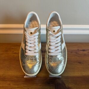 Stuart Weitzman Women's Gold Snake Embossed Leather Low Top Sneakers Size 5.5B